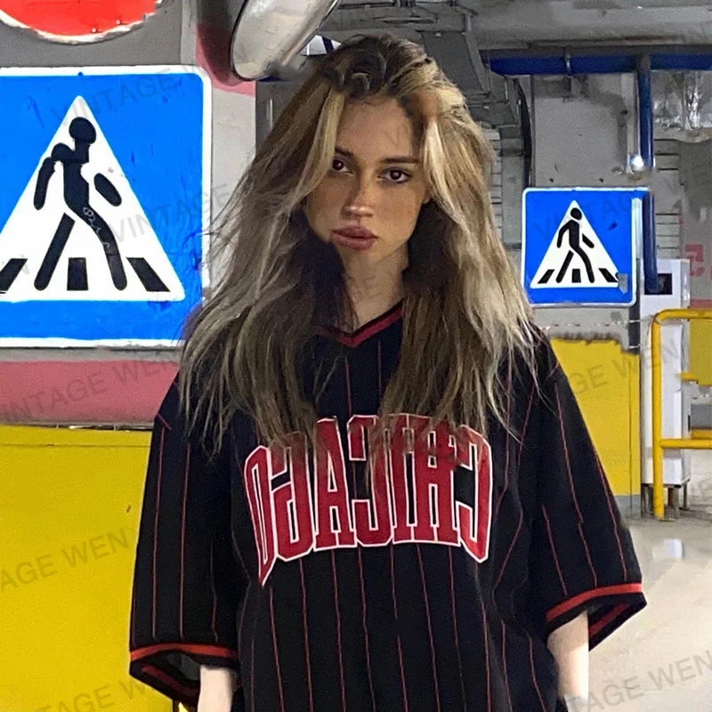 

Summer Black Letter Print Baseball T Shirt Hip Hop Short Sleeve Shirts Uniform Vintage Streetwear Top