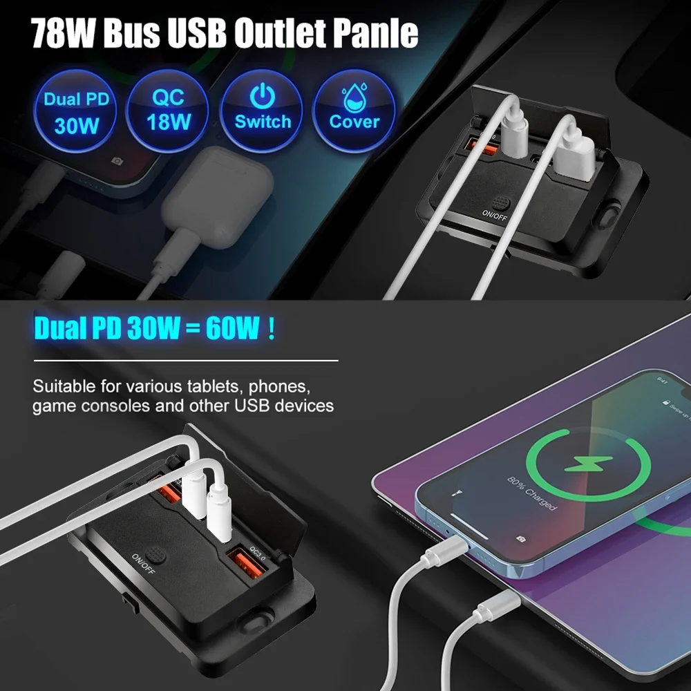 Dual PD USB C Adapters Outlet Car Charging Port Socket Wall Mount Accessories for Boat Marine Campers RV Truck Golf Cart 12/24V
