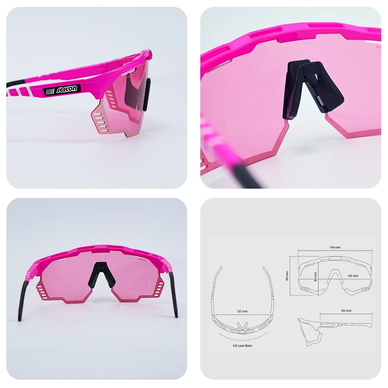 Photochromic cycling sunglasses with multi-colored TR-90 frame.