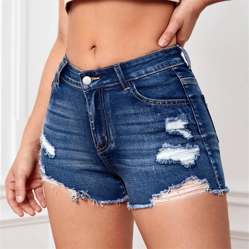 High Waist Slim Fit Button Splicing Denim Shorts Summer Fashion Daily Casual Hollow Out Three Quarter Pants Trend Women's Jeans