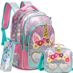 BIkab 3 Piece Set School Bags for Girls Unicorn Pink Sequins Waterproof Kids Backpack School Bags Shoulder Kawaii Backpack