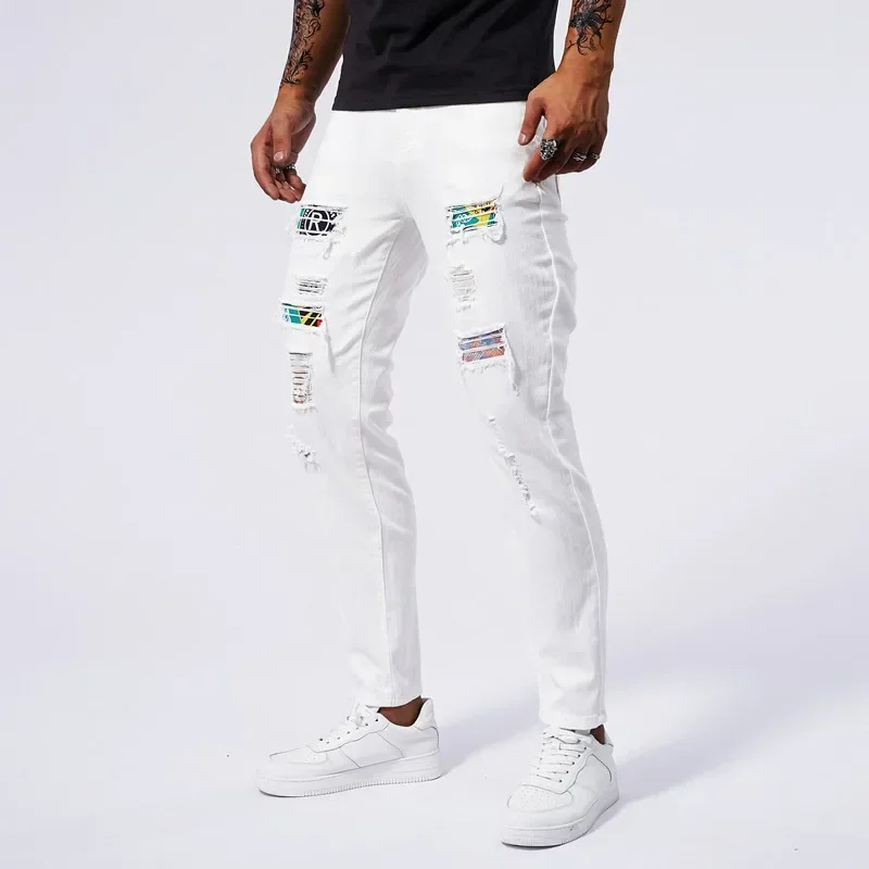 White 97% Cotton Jeans Men Clothing New Ripped Slim Patchwork Fashion Hole Skinny Elasticity Denim Trousers Male Streetwear 2