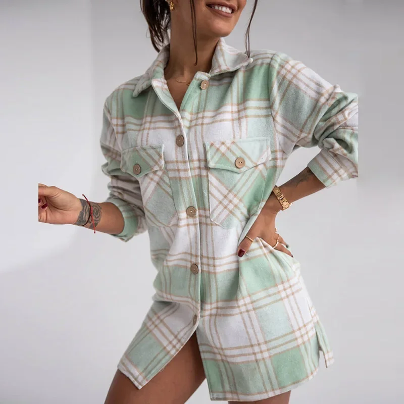 Autumn Retro Plaid Print Ladies Tops Outerwear Women Casual Turn-down Collar Single Breasted Coats Streetwear Pocket Long Jacket