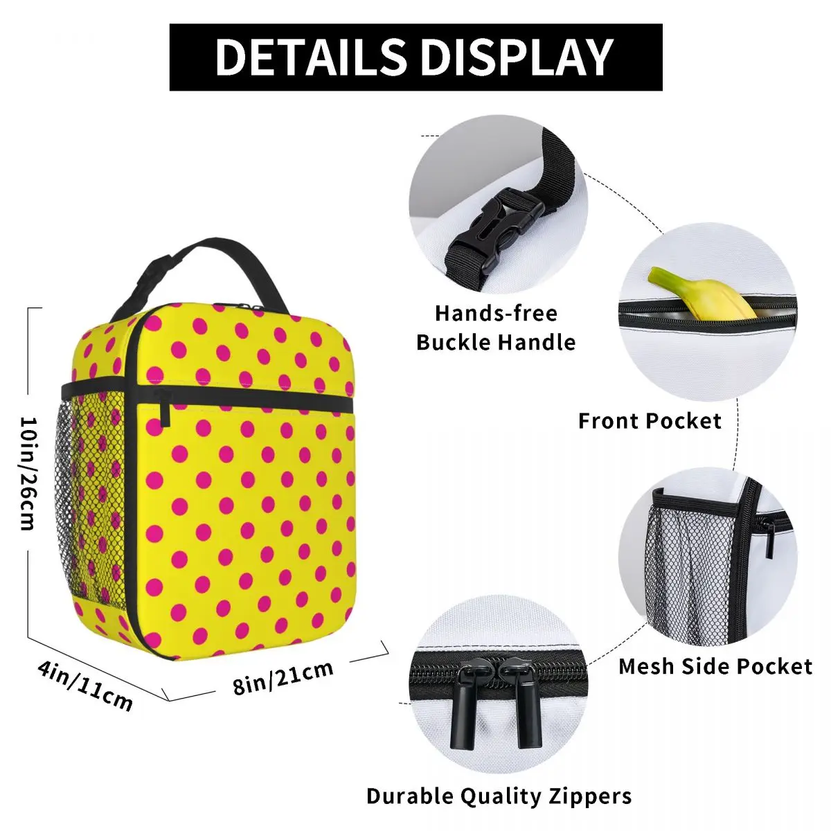 Pink Polka Dots On Yellow Pattern Insulated Lunch Bag for Women Leakproof Cooler Thermal Lunch Tote Kids School Children
