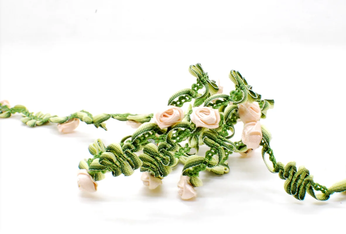 2 Yards Woven Rococo Ribbon Trim with Rose Flower Buds Decorative Floral Ribbon Scrapbook Materials Clothing Craft Supplies