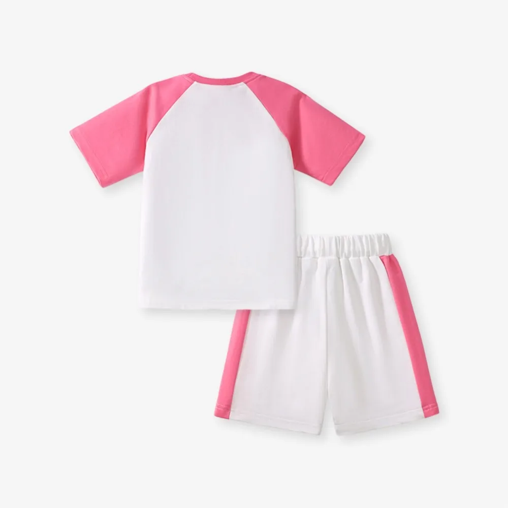 2Pcs Adorable Rainbow Embroidered Pink Sleeve Kids' T - shirt and Shorts Set
