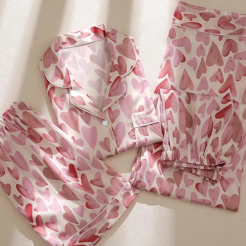 2024 Korean New Women's Three-piece Pajamas Fashion Design Print Spring Female Sleepwear Short Sleeve Shorts Long Pant Housewear