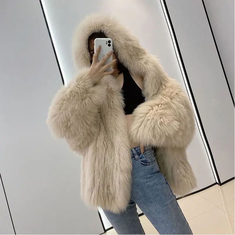 Fur Coat Women's Solid Color Thickened Warm Loose Mid-Length Plush Western Style Winter New Hooded Non-Fur Collar Artistic Retro