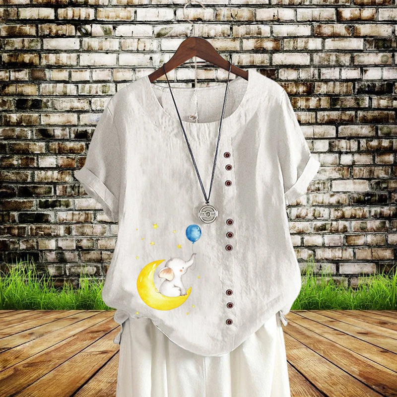

Women's Summer Fashion Cartoon Printed Short Sleeve Round Neck Shirt Cotton Linen Button Top Loose T-Shirt XS-5XL Top