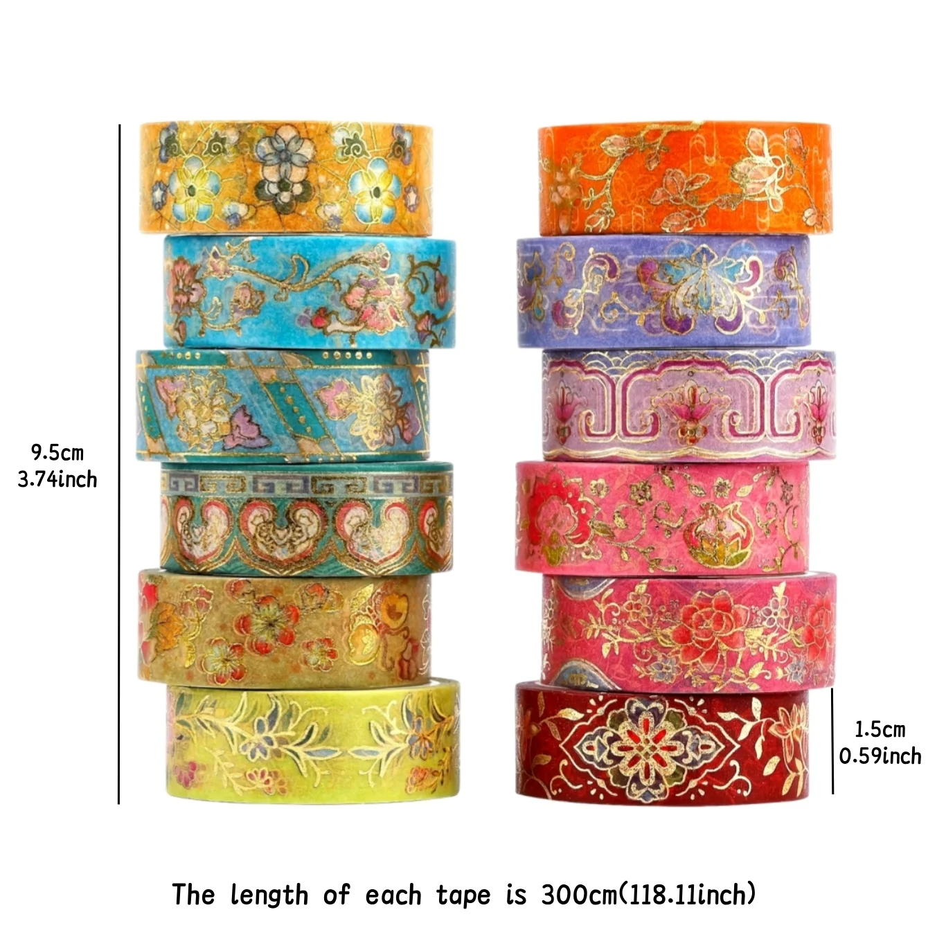 12pcs 꽃 꽃무늬 와시 테이프 세트 레트로 황금 호일 장식 스티커 꽃 패턴 마스킹 테이프 접착 스티커 A3338