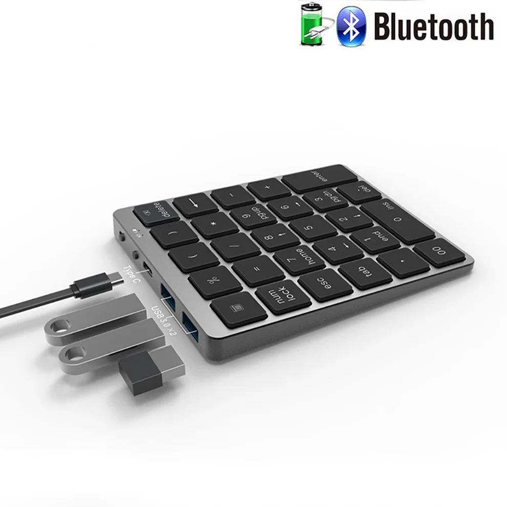 Jomaa-teclado Numérico sem Fio Bluetooth 28 Chaves Alumínio Recarregável sem Fio com Porta Usb Hub para Numpad para qc