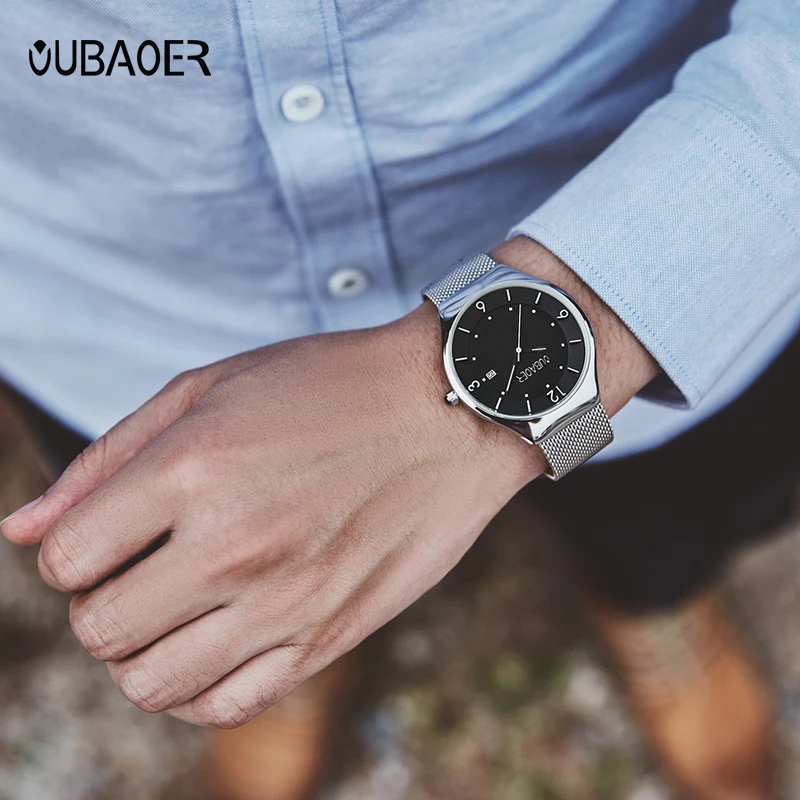 OUBAOER Men Watches Fashion Ultra Thin Watch Man Waterproof Date Quartz WristWatch for Men Business Male Clock Relogio Masculino
