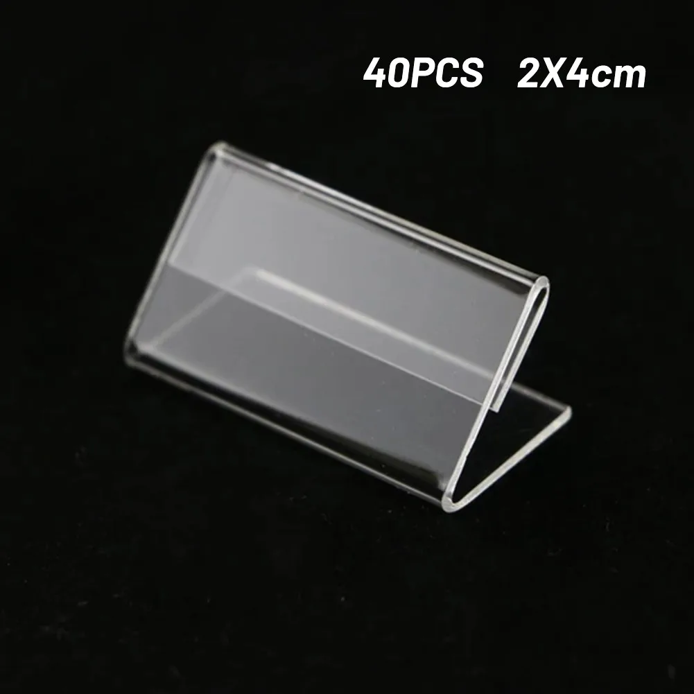 40pcs 2x4cm Acrylic Sign Display Stand Clear Price Tag Clip Sign Card Holder Stands Mini Label Racks Acrylic Card Display Holder