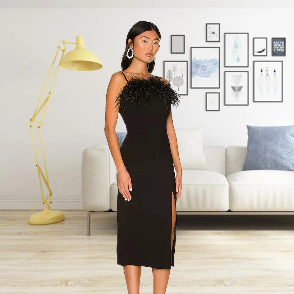 

HQBORY 2024 Sexy sleeveless strap feathered black bandage dress split midi length New Fashion party dress bodycon Vestidos