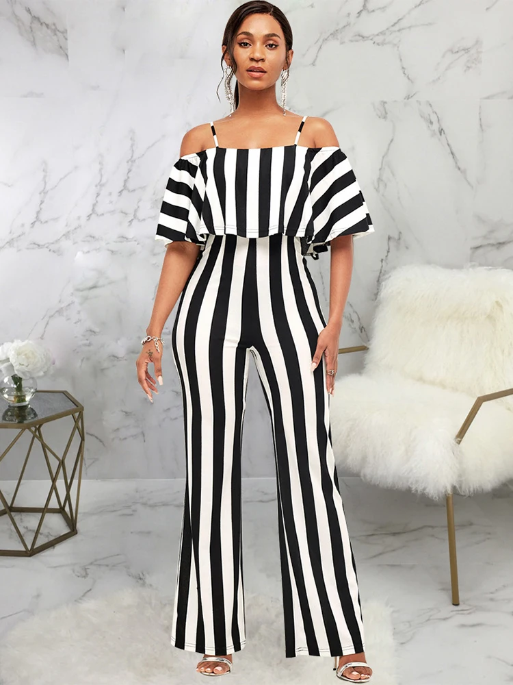 

Black White Striped Rompers Womens Jumpsuit Elegant Fashion Off The Shoulder Camisole Work Overalls Classic Bell Bottom Bodysuit