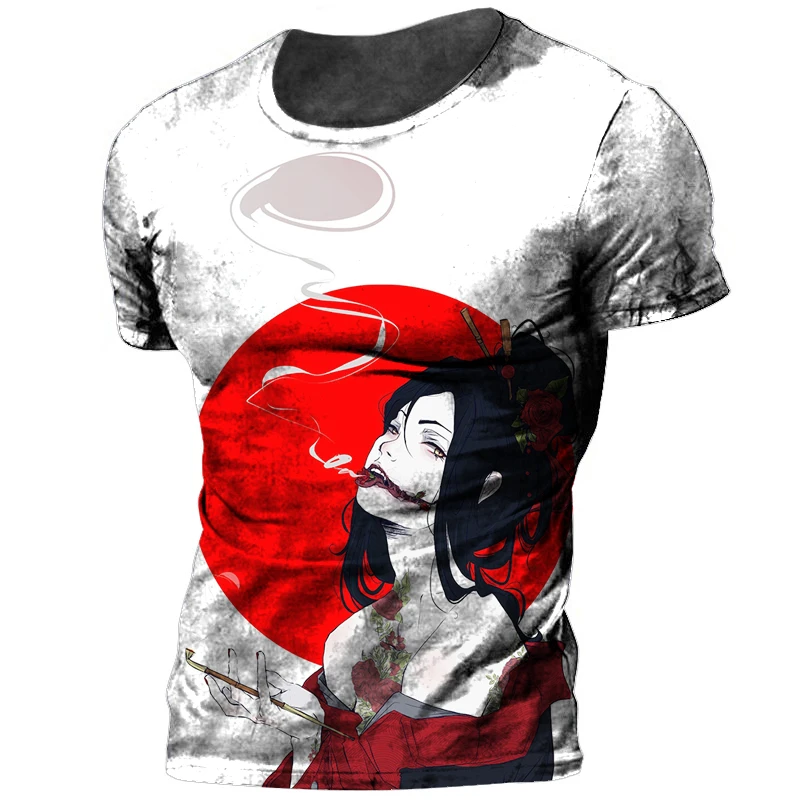 

Retro, Japanese Beauty Geisha 3D Printed Round Neck Top, Summer Short Sleeved Sweatshirt, Oversized Clothes, Men's T-shirt
