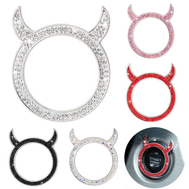 

Car Ignition Key Ring Devil Horns Crystal Diamond Decoration Metal Sticker Car One-click Start Button Cover Decor Ring Decals