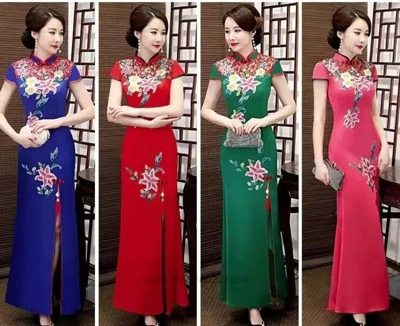

2024 traditional chinese dress cheongsam improved qipao national flower embroidery banquet dress oriental retro evening dress