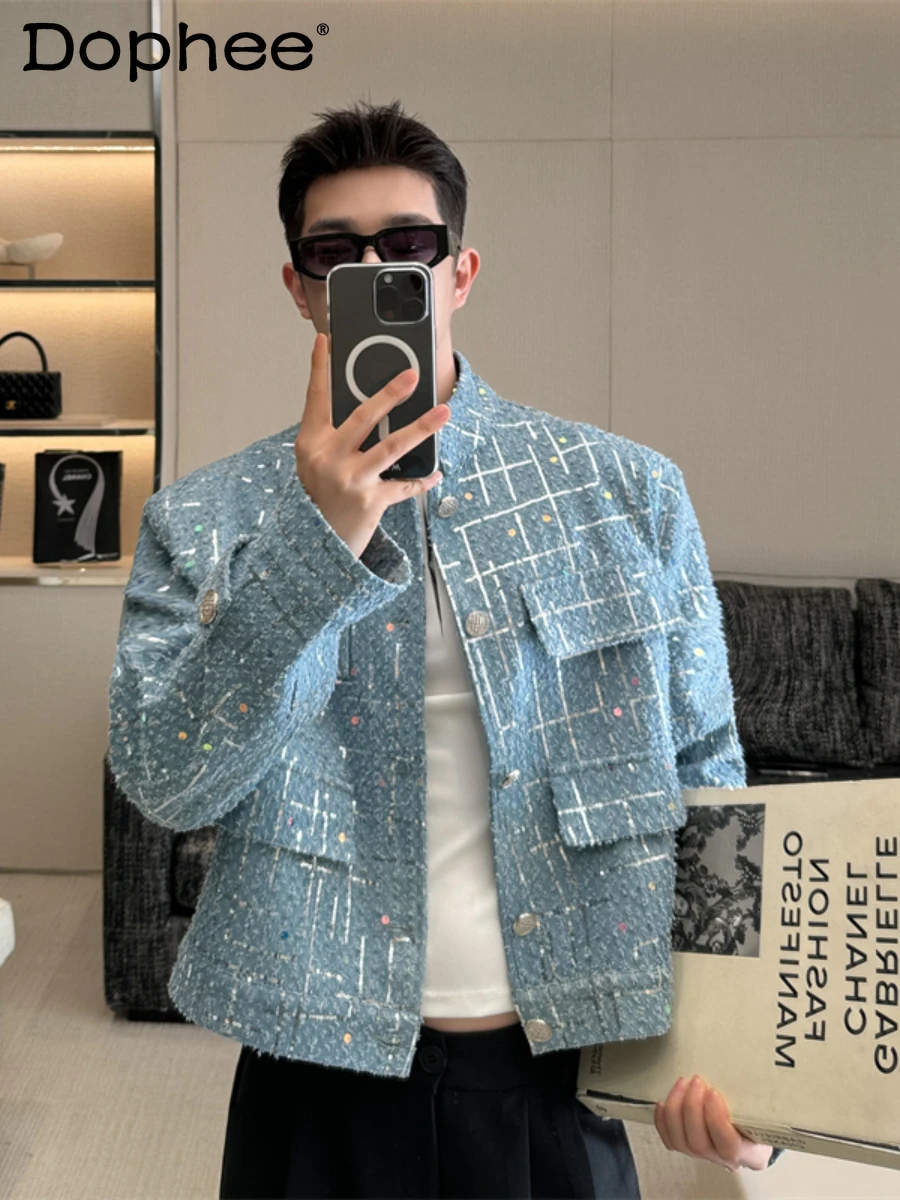 Fashionable Sequins Jacket Men's 2024 Spring Short Denim Jacket Trendy Male Tops High-End Long Sleeve Single-Breasted Jackets