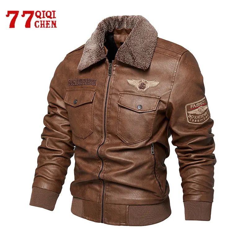 

Autumn Winter PU Leather Jacket Men Vintage Detachable Fur Collar Multiple Pockets Tactical Jackets Fashion Slim Leather Coat