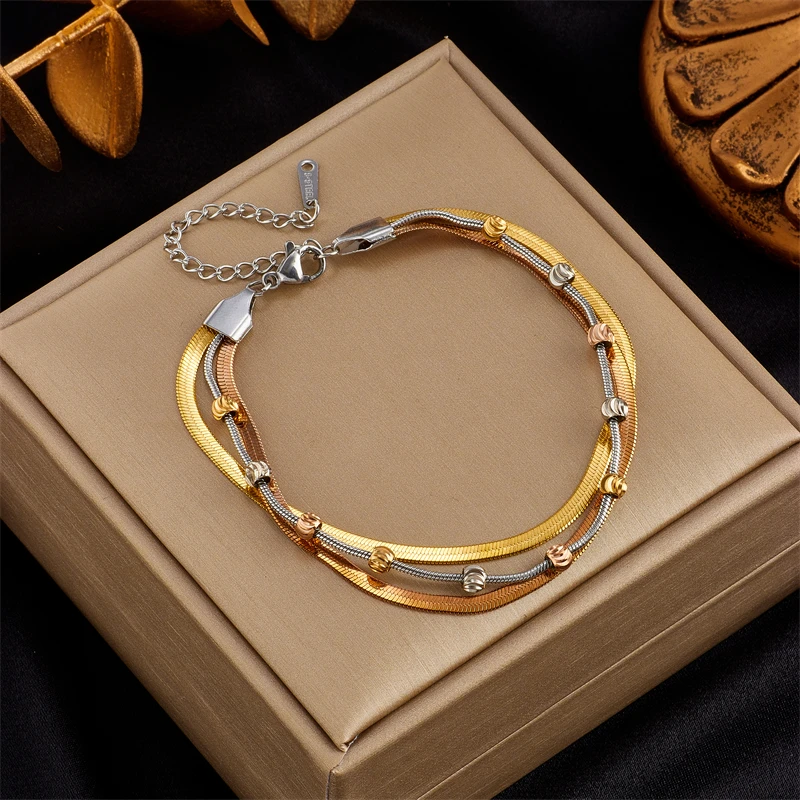 MEYRROYU 316 Stainless Steel Green Stone Heart Multilayer Charm Beads Bracelet for Women Party
