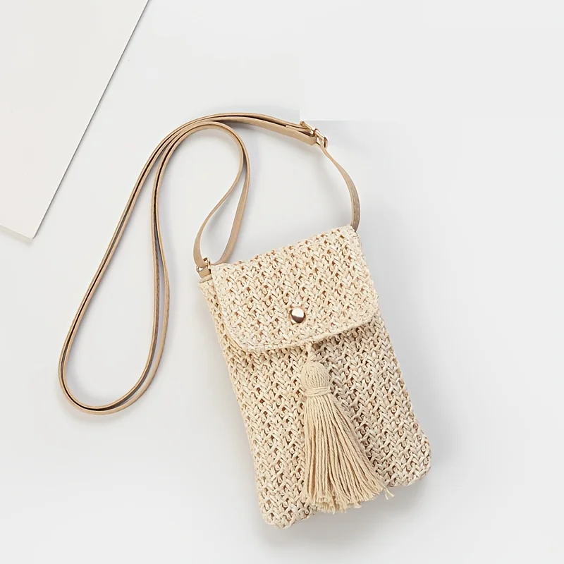 Straw Beach Bag Women Holiday Mobile Phone Shouder Bag Summer Tassel Mini Crossbody Bag for Lady Gril Travel Bohemian Style