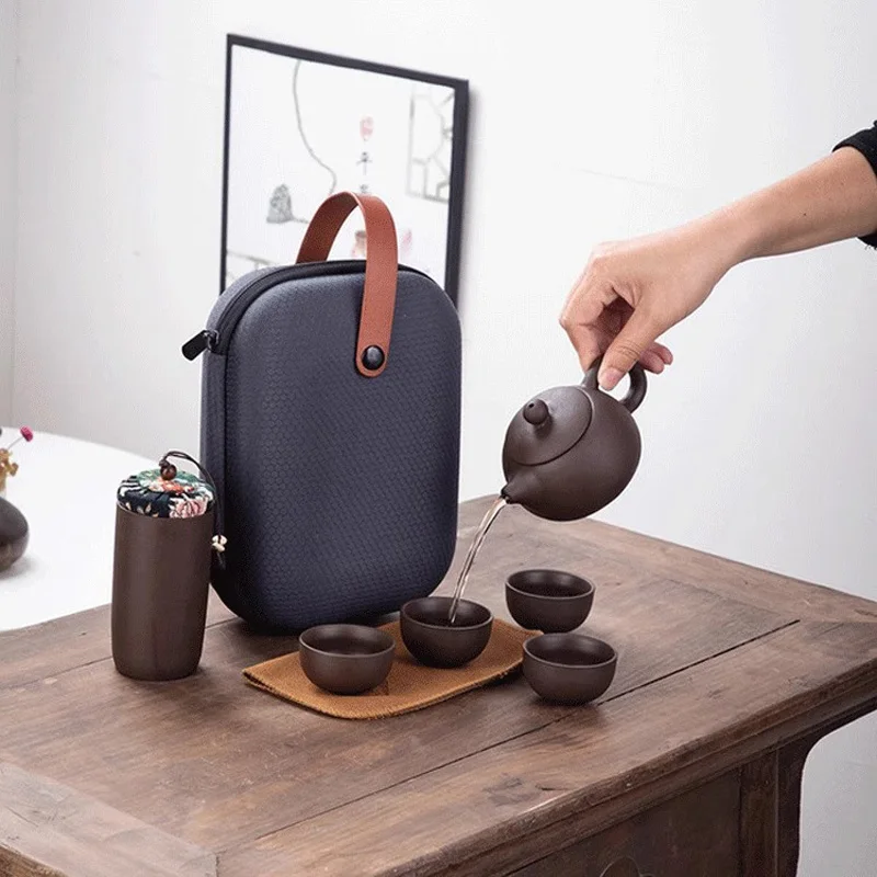 HMLOVE Purple Sand Tea Set Chinese Kung Fu Portable Travel Teaware Ceremony Puer Kettle Clay Pot 4 Cups Tea Can