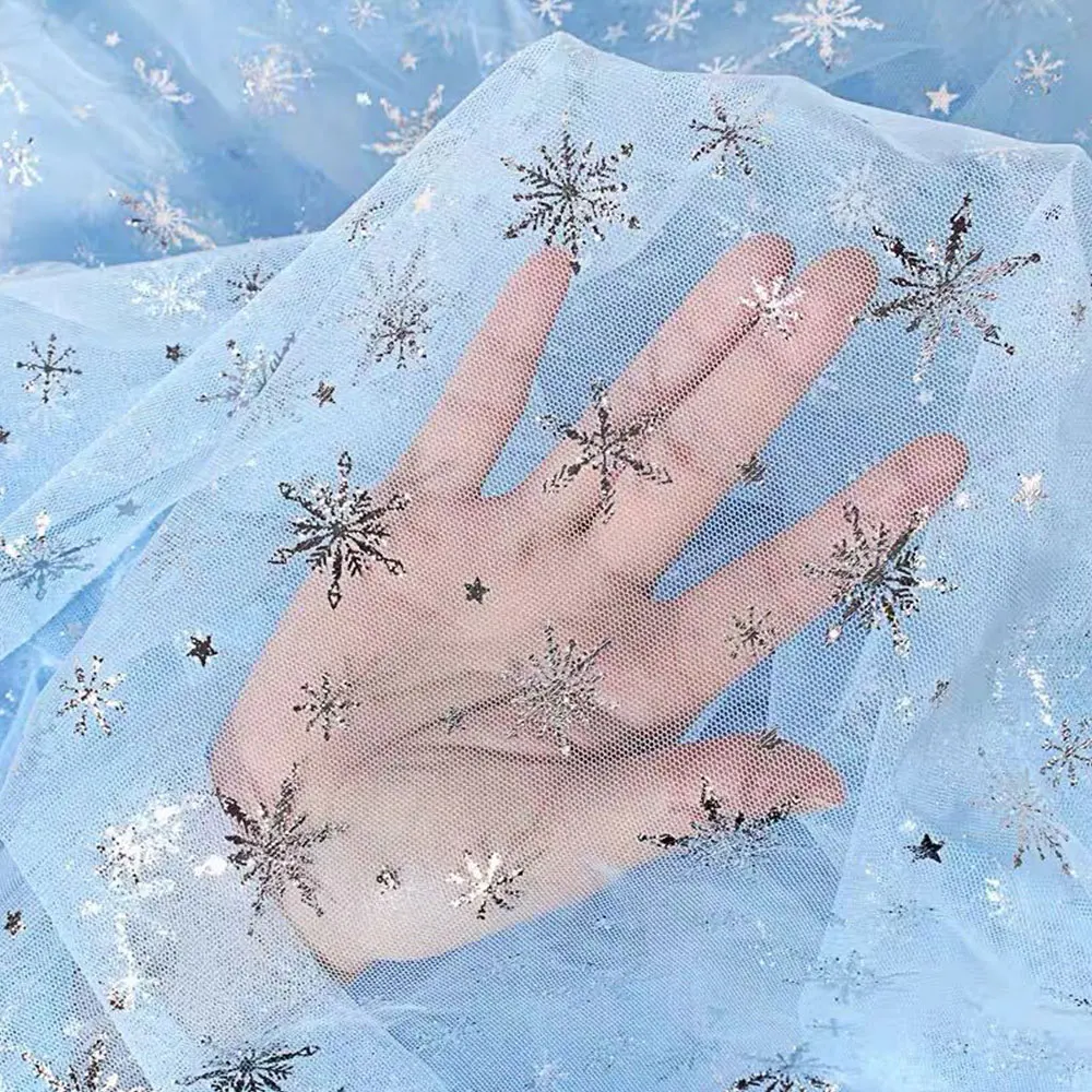 59in x35in Snowflake Tulle Silver Snow Star DIY Handmade Mesh Fabric for Baby Dress Wedding Birthday Bouquet Decoration Supplies