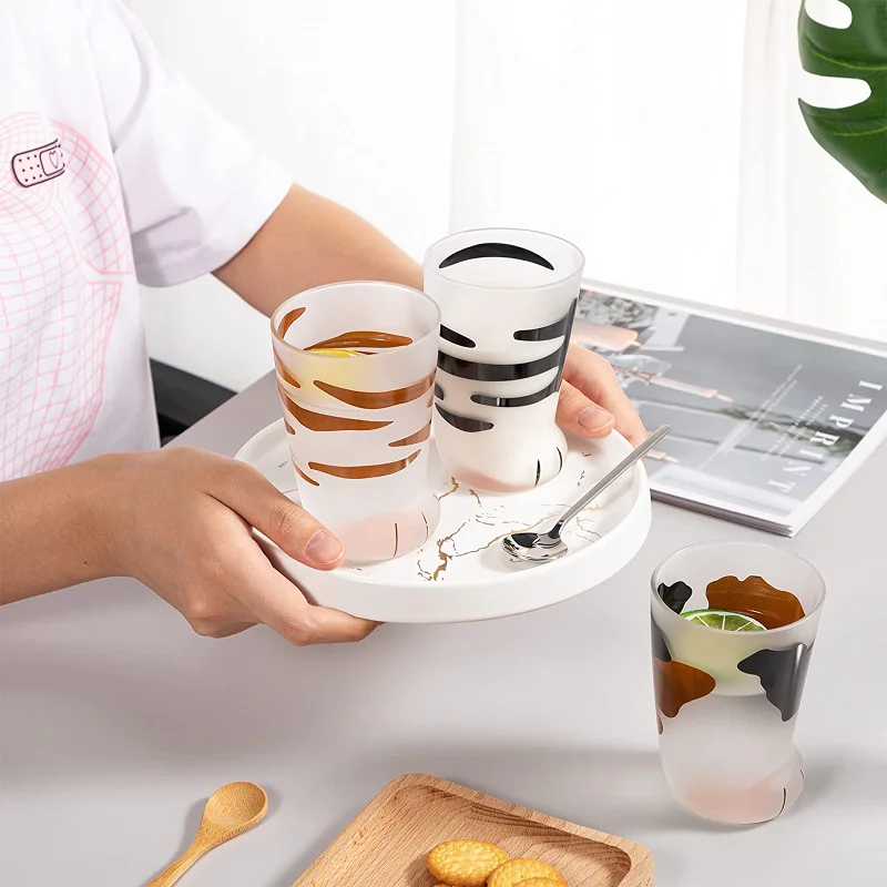 300ml Cute Cat Paw Glass Cup Frosted Print Cat Foot Coffee Mug Household Kawaii Milk Bubble Tea Cups Glasses for Water Juices
