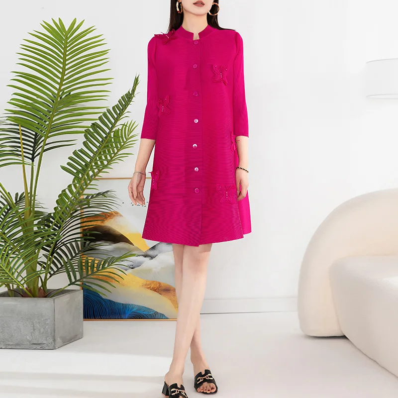 

Spring 2023 New Short Dress Folded Loose Size Stand Up Collar Single Breasted Stitched Flower Long Cardigan Dress for Women