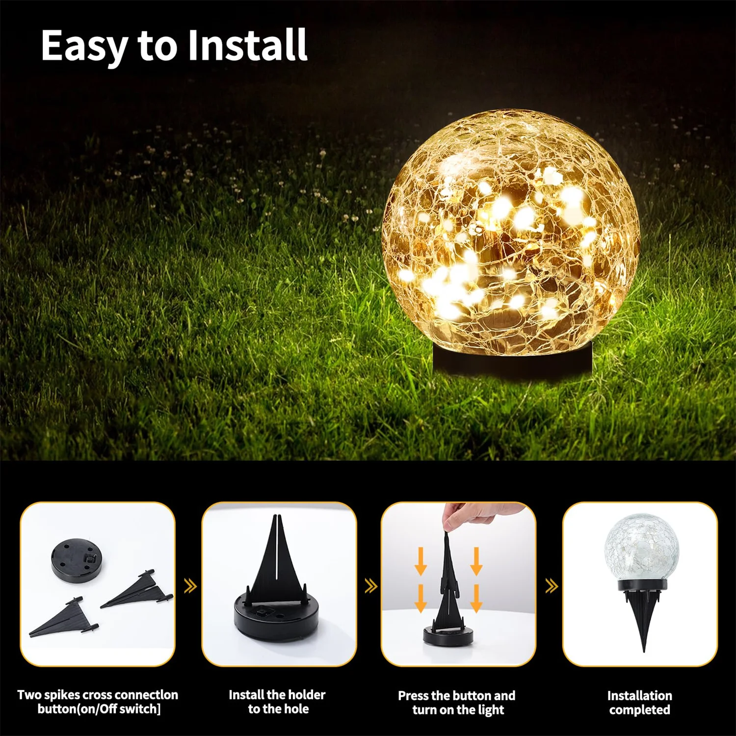 Outdoor Solar Garden Light Round Cracked Glass Lamp Waterproof Landscape Decor Ball Light for Villa Walkway Path Yard Holiday 4