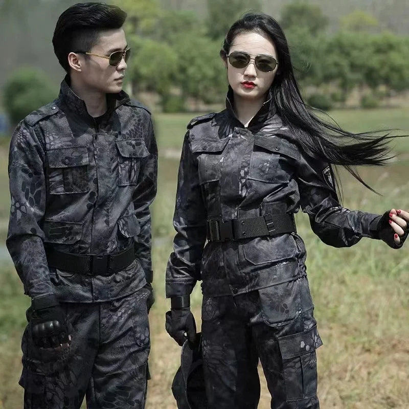 

Black python patterned camouflage suit, male army fan training suit, work suit, special forces tactical combat suit, female