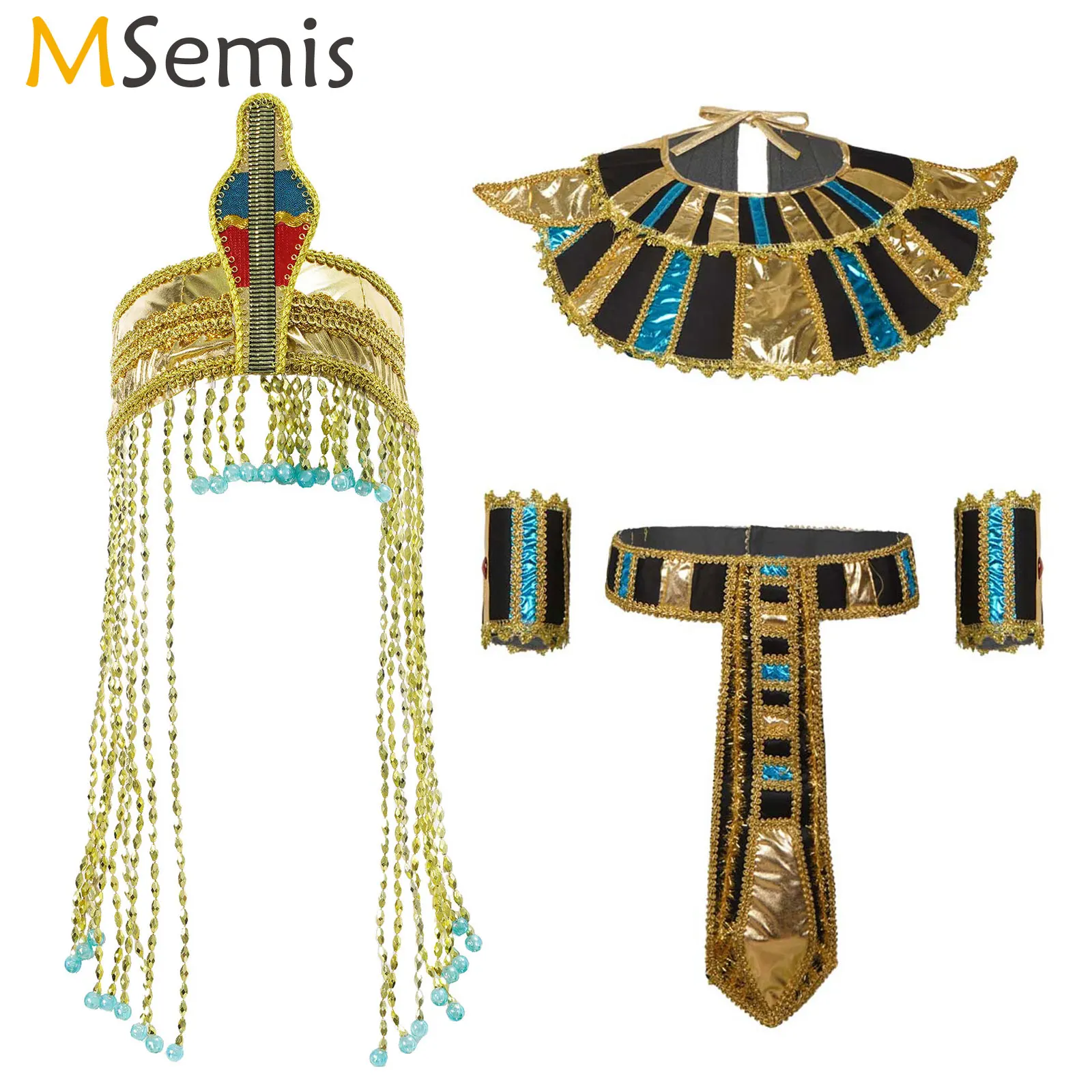 

Adult Egypt Priest Cosplay Costume Accessories Neck Collar Belt Wrist Bands Tassel Rhinestones Headwear Egyptian Priest Clothing