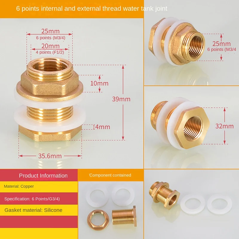 Solid Brass Bulkhead Fitting,3Sets 1/2In Female 3/4In Male Solid Brass Water Tank Connector Threaded With Silicone Rings