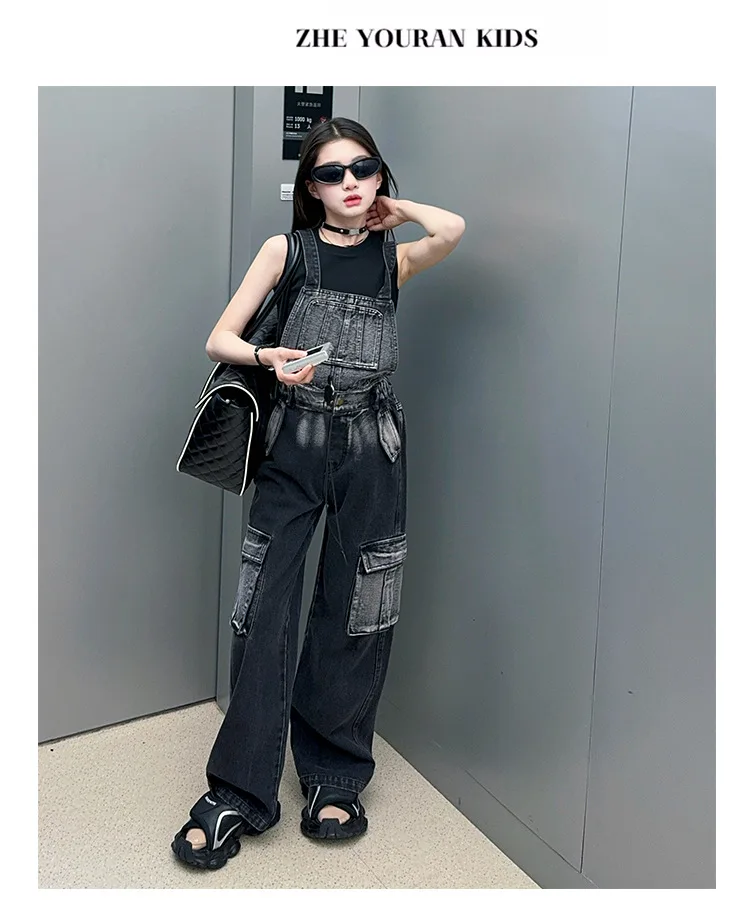 2025 Spring/Autumn Girls Denim Overalls Trendy Detachable Wide-Leg Jeans for Kids Stylish Versatile Casual Two Wear Trousers