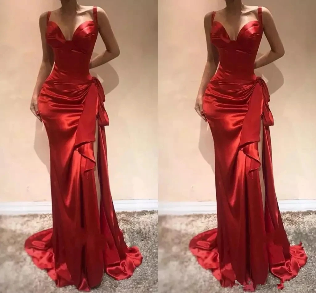 

Elegant Sweetheart Red Long Evening Dresses Formal Women Mermaid Prom Dress With Side Split Sweep Train Zipper Evening Gowns Sat