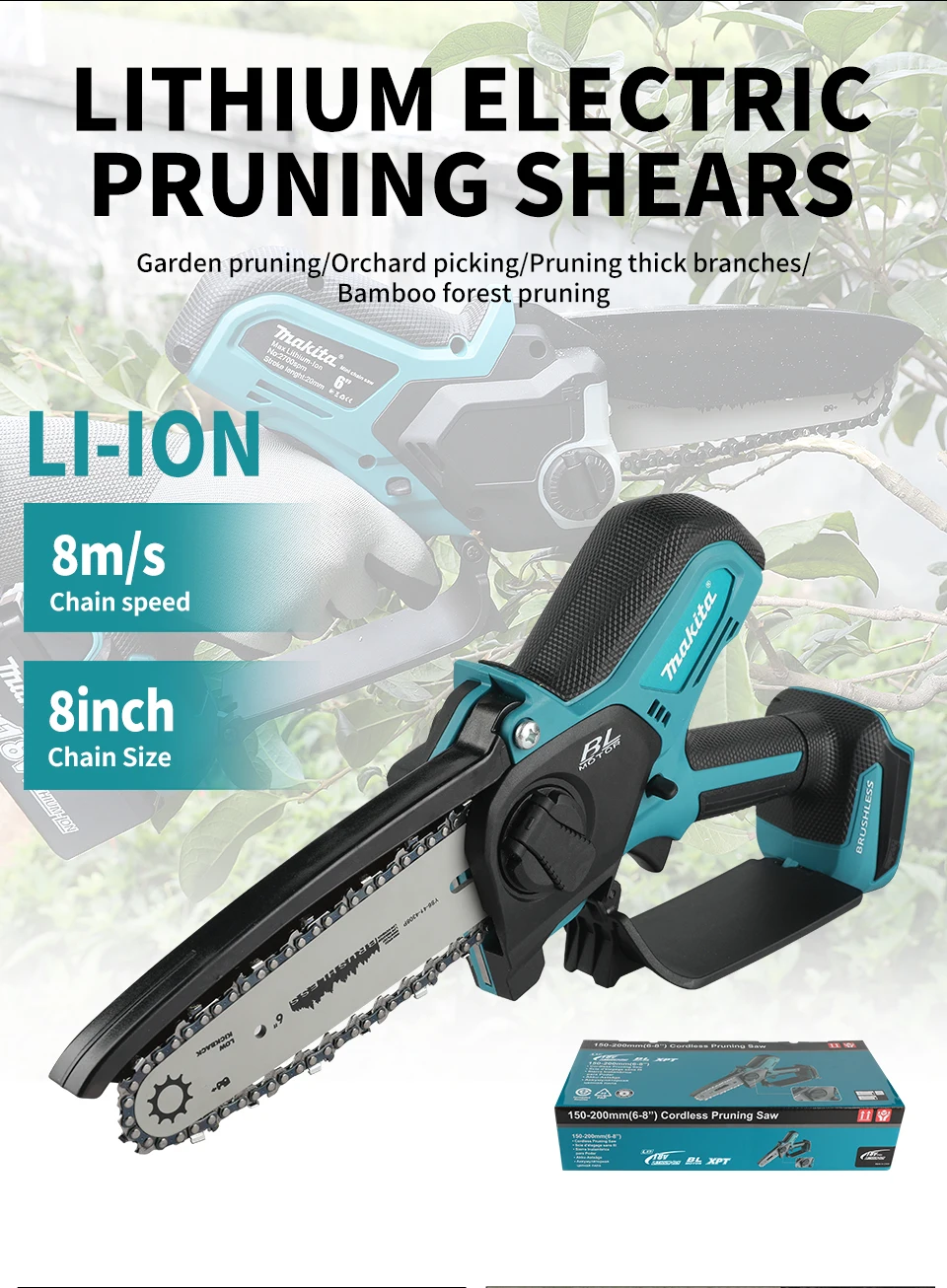 Makita cordless chainsaw angled view showing compact design