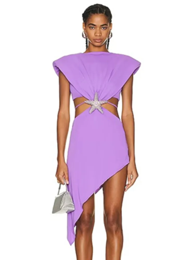 

Hot Summer Fashion Women Sexy O Neck Purple Diamonds Bodycon Midi Bandage Dress 2023 Elegant Evening Club Party Dress