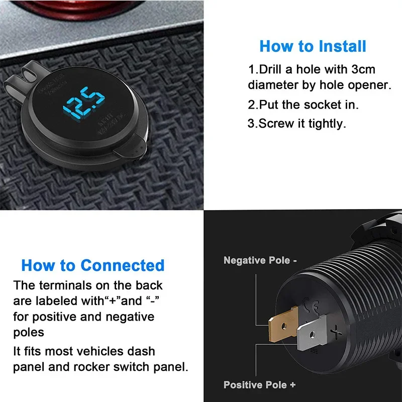 12V/24V USB C 차량용 충전기 83W 빠른 충전 65W PD3.0 및 18W QC3.0 LED 디지털 디스플레이 및 자동차 RV ATV 오토바이 용 전원 스위치
