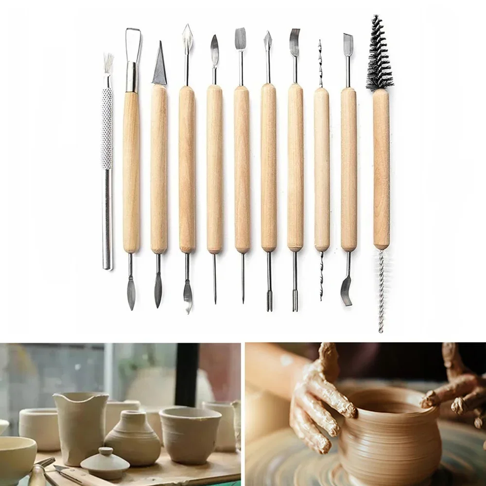 11pcs Pottery Clay Sculpting Modeling Tool Set Double-Sided Ceramic Polymer Clay Carving Smooth Wooden Handle