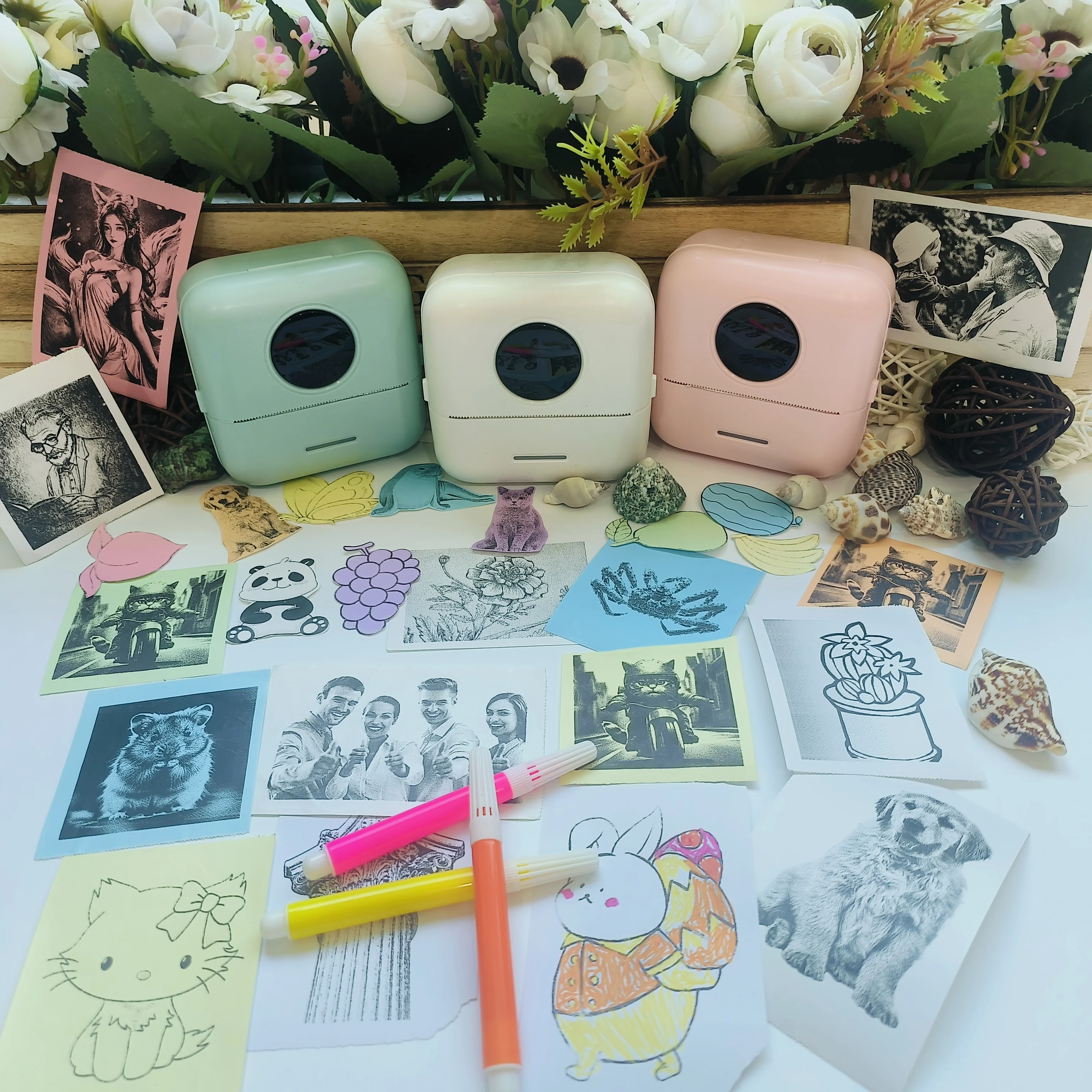 휴대용 포켓 미니 무선 감열 프린터 (6색 감열지 + 3개 스티커 롤 + 3개 감열지 + 6색 펜 포함)