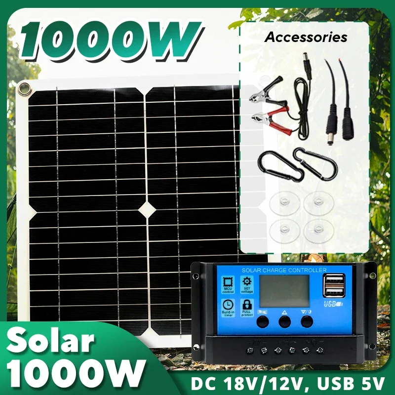 เครื่องควบคุม10A-100A เซลล์แสงอาทิตย์12V แผงโซล่า1000W, แผงเซลล์แสงอาทิตย์สำหรับรถยนต์ RV คาราวานบ้านตั้งแคมป์กลางแจ้งแบตเตอรี่ 1