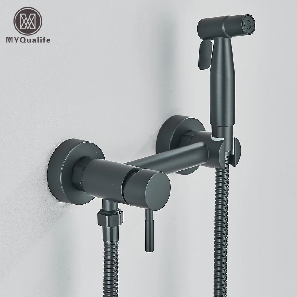 สีดํา Bidet Sprayer ชุดก๊อกน้ําห้องน้ําสแตนเลสก๊อกน้ําร้อนน้ําเย็นผสมห้องน้ําสุขอนามัยฝักบัว 1