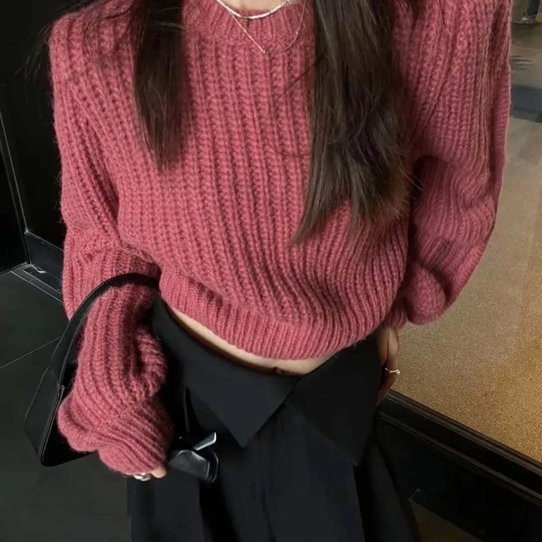 

2023 Knitted Pullovers Women New autumn cropped Korean Popular Sweater Loose All-match Vintage Simple Chic Streetwear Leisure