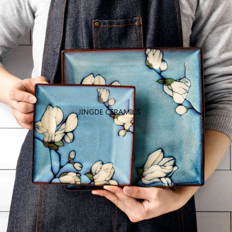 1pc 손으로 그린 ??세라믹 사각형 플랫 플레이트 스시 플레이트 Underglaze 컬러 접시 주방 용품 저녁 식사 접시, 가정 용품