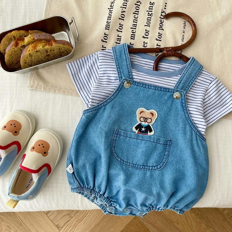 

Cute Baby Clothes 0-2Years Newborn Boy Girl Short Sleeve Striped T-shirt Tops Bear Denim Romper Bodysuit Outfits Summer Suit