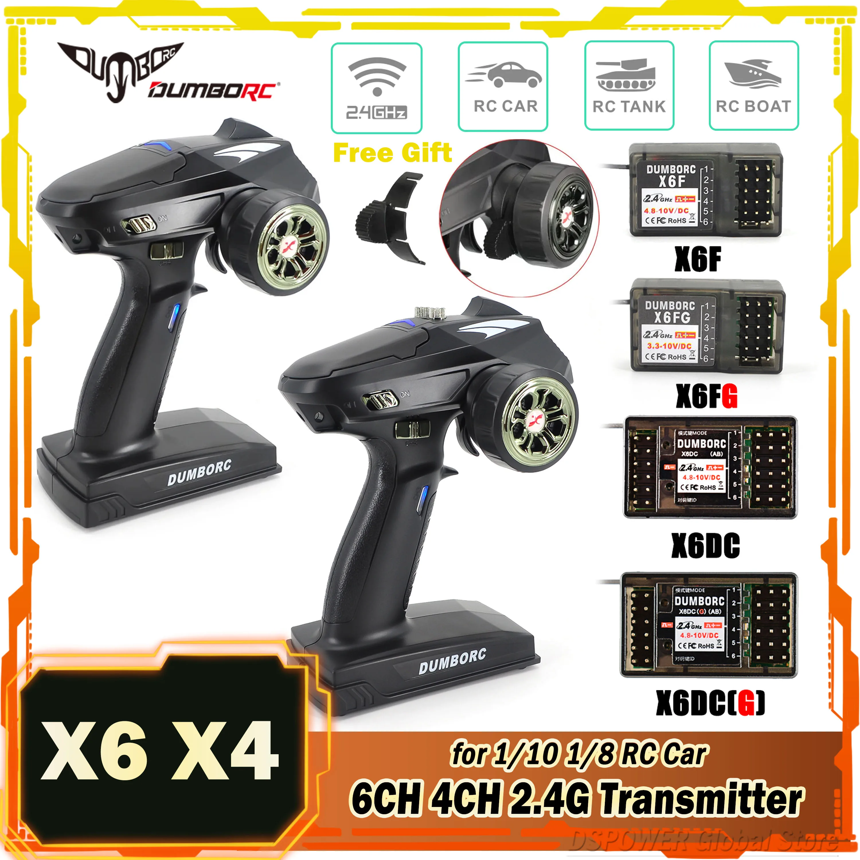 

DUMBORC 6CH 4CH X6 X4 2.4G Transmitter X6FG X6DCG Gyro Receiver Remote Control for 1/10 1/8 RC Car Crawler Axial SCX10 D90 Boat