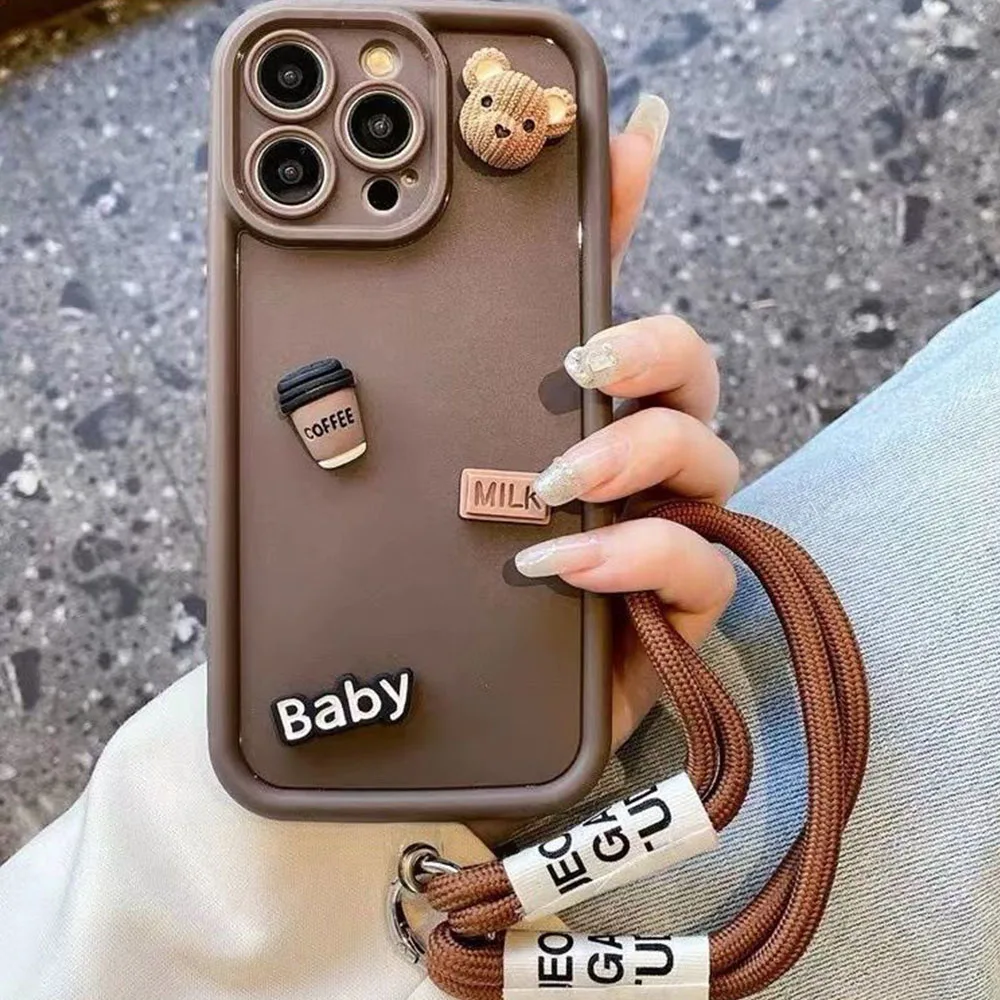 DIY Coffe Bear With Hand Strap Silicone Phone Case For Xiaomi Redmi Note13Pro Note10 Note11 Note9 Note8 Pro Shockproof Cover_voghion.com