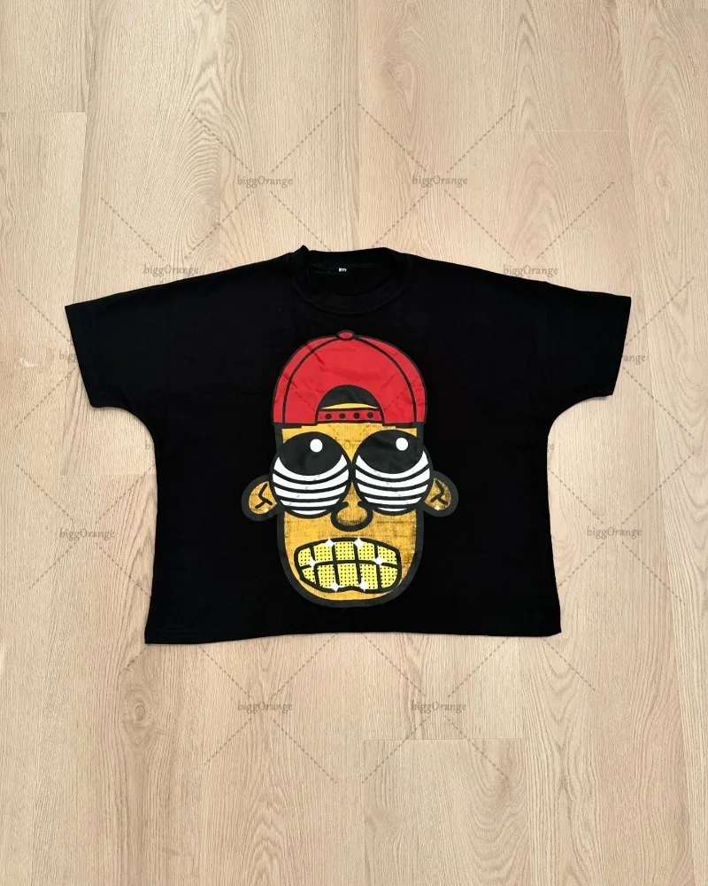 Y2K Street Hip-hop Fashion Loose Round Neck T-shirt Men Harajuku Retro Personality Print Casual Versatile Short-sleeved Women