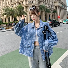 

2022 Spring New Denim Jackets Plaid Pattern Women Chic Splicing Bowknot All-Match Oversized Cowboy Coats Female Tide Street Ins